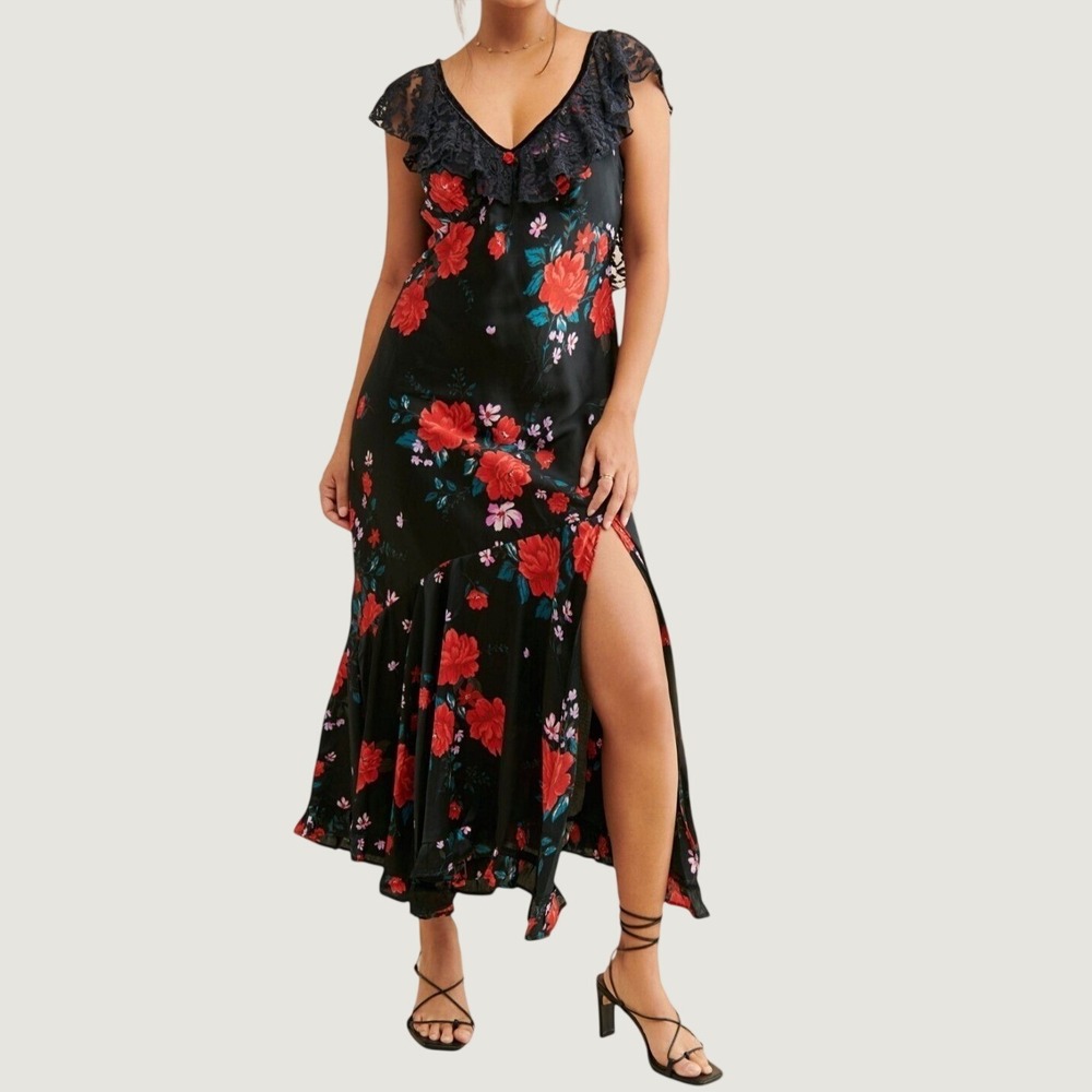 Free People Floral Maxi Dress Size S Lace Trim Open Back Satin Ruffle Black Red
